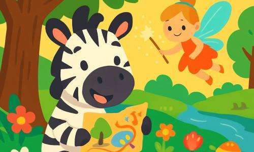 Wesoły i uśmiechnięty zebra z czarno-białym paskowanym futrem siedzi pod dużym drzewem z jaskrawozielonymi liśćmi. Trzyma w przednich łapach kolorową mapę pokazującą tajemnicze miejsca w lesie. Jego oczy błyszczą ekscytacją i ciekawością. Obok niego lata mała świecąca wróżka z błyszczącymi skrzydłami i sukienką z płatków kwiatów. Uśmiecha się życzliwie i macha swoją magiczną różdżką, uwalniając złote iskry. Tło to piękny wiosenny las, pełen wielokolorowych kwiatów, promieni słońca filtrujących przez gałęzie i spokojnie płynącego strumienia w pobliżu. W tej scenie zebra i wróżka przygotowują wielkanocne poszukiwania jajek, otoczeni radosnymi zwierzętami leśnymi, które nie mogą się doczekać rozpoczęcia przygody.