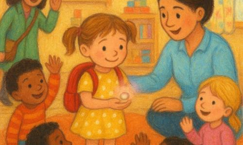 Een vriendelijk, wat verlegen meisje van 4 jaar met lichtkastanjebruine staartjes draagt een geel jurkje met witte stippen en een klein rood rugzakje; ze houdt een glanzend parelachtig steentje in haar hand en telt terwijl ze om zich heen kijkt. De juf (ongeveer 30 jaar) met bruine haar in een knot en een lichtblauwe blouse knielt glimlachend naast haar en legt zacht haar hand op de schouder van het meisje. De moeder (30–35 jaar) staat bij de deur in een groene jas met schoudertas, geeft een bemoedigend teken en laat kort de hand van het kind los. Een kring van kleuters (3–5 jaar) in kleurrijke kleren lacht en wijst terwijl ze meertellen; de klas is warm ingericht met licht houten vloer, rond oranje kleed, pastel slingers en lage planken met bouwblokken en prentenboeken. Het parelachtige steentje straalt een zacht roze-gouden licht; de scène toont een rustige, vrolijke telactiviteit met zachte lichtinval door een raam met bloemen gordijn.