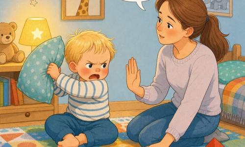Een 2-jarige jongen met rood aangelopen gezicht en boze blik, blond haar in korte plukjes, zit op een patroonkleed en houdt een zacht kussen klaar om te slaan, benen licht gebogen en gespannen; zijn moeder van ongeveer 30 jaar met lang bruin haar in een paardenstaart en een zachte geruststellende uitdrukking zit naast hem, één hand rustig op het kleed naar hem toe en de andere opgestoken in een kalmerend gebaar. De kamer wordt verlicht door een klein zachtgeel lampje op een lage tafel; kleurig kleed met verspreide houten blokken, pastelturkse wand met een dierenplaatje en een opgevouwen wollen deken bij een klein bed. Situatie: zijn blok viel en hij is boos — het moment net voordat hij het kussen slaat, spanning zichtbaar maar sfeer warm en veilig terwijl de moeder hem aan rustige ademhaling helpt.