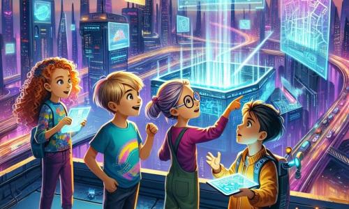 Four children stand on the roof of a futuristic skyscraper in Neon Haven, surrounded by bright lights and holographic panels. Lila, a twelve-year-old girl with curly hair and a colorful t-shirt, gazes in awe at a holographic city map. Next to her, Max, a twelve-year-old boy with messy blond hair and a beaming smile, enthusiastically points to a spot on the map. Zoe, a twelve-year-old girl with round glasses and braided hair, holds a tablet, focused on the data she is analyzing. Finally, Reza, a twelve-year-old boy with brown hair and practical clothes, adjusts a small drone floating beside them. The setting features a panoramic view of the neon-lit city, with flying vehicles zipping through the sky and sparkling futuristic buildings. Animated advertisements dance on the building facades, creating a dynamic and vibrant atmosphere. The main scene shows the children discovering an ancient energy generator within a secret facility, their faces illuminated by the generator's light as it activates, symbolizing their victory and commitment to using this technology to help their city.