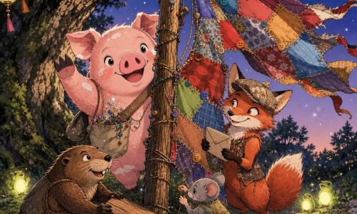A round, rosy pig with soft pale-spotted fur, a joyful, mischievous smile and bright round eyes pops out behind a tall decorated mast, wearing an invisible pocket of tinkling pebbles and a worn canvas sack over one shoulder with one hoof raised in greeting; nearby a slim red fox named Riddle‑Rill in a beret pieced from maps grins holding a small envelope of riddles, a gray mouse with nimble fingers sews colorful buttons on the bottom of a vibrant patchwork flag of fabrics, beads and jingling buttons while a stocky beaver sets down a polished plank at the mast’s base, all in a clearing beneath an old oak with vivid grass, moss tufts, mushrooms, paper lanterns and early stars as animals applaud and tiny frog-lights twinkle around.