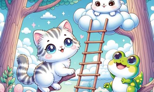 O pisicuță pe nume Miau, cu blană moale și dungi de culori pastel, stă pe o scară din crengi, cu ochii strălucind de excitație și un zâmbet mare pe față. Lângă ea, un iepuraș adorabil pe nume Buni, cu urechi mari și blană albă, se uită în jos cu o expresie îngrijorată, în timp ce o brotacică verde pe nume Pufi, cu pete galbene, sare veselă pe o ramură, râzând de situație. Scena se desfășoară într-o pădure fermecată, unde copacii sunt înalți și măreți, frunzele lor strălucind la soare, iar nori pufoși plutesc pe cerul albastru, asemănându-se cu bomboane. Miau, Buni și Pufi încearcă să ajungă la nori pentru a culege bucăți de nori pentru a crea un tort uriaș în formă de nor, plin de dulceață și magie.