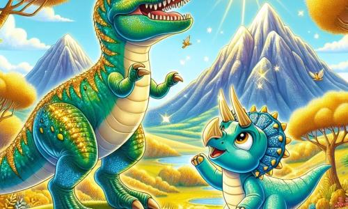 Tyrannosaurus Rex o imieniu T-Rexy, z błyszczącymi zielonymi łuskami i złotymi oczami pełnymi ekscytacji, dumnie stoi na szczycie wzgórza, z szerokim uśmiechem spoglądając w niebo. Obok niego jego przyjaciel Triceratops, Trik, z niebieską skórą i trzema majestatycznymi rogami, skacze z radości, jego oczy szeroko otwarte z szczęścia, gdy patrzy na T-Rexy. Scena rozgrywa się w pięknej Złotej Dolinie, gdzie drzewa o złotych liściach lśnią w słońcu, a kolorowe kwiaty kwitną wokół nich, tworząc bajkowy krajobraz. W tle wznoszą się majestatyczne góry, a błękitne niebo rozciąga się w nieskończoność. Główna sytuacja pokazuje T-Rexy i Trika świętujących swoje zwycięstwo po znalezieniu trzech cennych skarbów, otoczonych aurą magii i złotego światła, symbolizującą ich przyjaźń i odwagę w obliczu wyzwań.