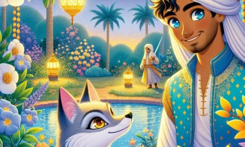 Salim, um homem de cerca de trinta anos, tem olhos cheios de curiosidade e um sorriso caloroso. Ele veste uma túnica de seda azul-clara com padrões dourados e segura uma espada cintilante na mão direita, olhando maravilhado para um jardim secreto. Ao seu lado, Nura, uma raposa de pelagem azul-azul, se mantém orgulhosamente, seus olhos âmbar brilhando de inteligência, observando atentamente Salim. O jardim é um verdadeiro quadro vivo, com flores de pétalas douradas, jasmim perfumado e majestosos coqueiros, tudo banhado pela suave luz de uma lua crescente. Salim está à beira de um lago cintilante, pronto para descobrir os segredos deste lugar encantador, enquanto murmúrios de flores dançam ao seu redor, criando uma atmosfera mágica e misteriosa.