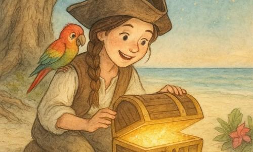 Ania, około 25 lat, piratka z warkoczem, uśmiechnięta, klęczy nad małą złotą skrzynią otwieraną delikatnie; Kiki — mała kolorowa papuga (czerwono‑żółto‑zielona) na prawym ramieniu, figlarne spojrzenie, półrozłożone skrzydła; Tutu — mała żółwica o oliwkowej, nakrapianej skorupie, łagodne spojrzenie, z przodu przy skrzyni z głową zwróconą ku Ani; miejsce: plażowa polana pod wielkim dębem z widocznymi korzeniami, jasny piasek, muszle, tropikalne kwiaty, gwiaździste niebo na horyzoncie; scena: radosne odkrycie skarbu pod 