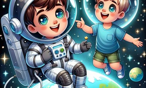 Un astronaut masculin, zâmbitor și entuziast, plutește în spațiu, îmbrăcat într-un costum spațial strălucitor cu reflexii argintii. Are părul brunet și ochii strălucitori de curiozitate, ținând un steag mic cu o stea. Aproape de el, un băiat tânăr de aproximativ 8 ani, cu părul blond și ochii mari de uimire, îl privește pe astronaut cu admirație. Poartă un tricou albastru și o pereche de pantaloni scurți, plutind ușor într-o capsulă spațială în formă de bulă, înconjurat de jucării spațiale. Locul este un vast spațiu negru presărat cu stele strălucitoare și planete colorate, cu o vedere spectaculoasă a Pământului în fundal, vizibil ca o bilă albastră și verde. Situația principală arată astronautul și băiatul schimbând zâmbete, astronautul explicând minunile spațiului, în timp ce băiatul visează să devină și el un explorator al stelelor.