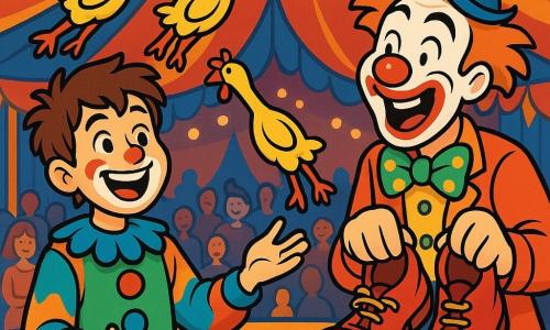 A 12-year-old boy, Rory, with messy brown hair and sparkling eyes of joy, wears a colorful clown costume with a big smile painted on his face. He is juggling plastic chickens, his face radiating excitement and happiness. Next to him, Bobo, the mischievous clown, a man in his 30s with a white-painted face, a red nose, and messy hair, laughs while making faces, holding a large pair of shoes that seem too big for him. They are under a big circus tent filled with twinkling lights and colorful decorations, with amazed spectators in the background. The scene shows Rory and Bobo performing, surrounded by a festive atmosphere where the energy and joy of the circus are palpable.
