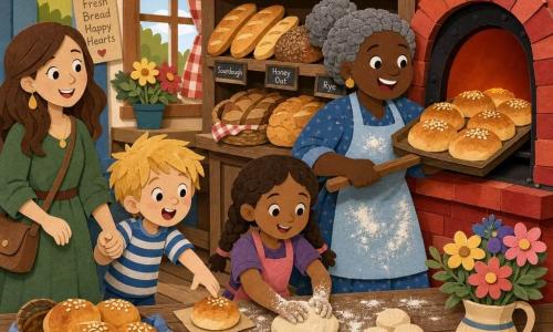 The main character is a smiling female baker with a round face, gray hair in a bun, a flour-dusted powder-blue apron, holding a large wooden rolling pin and pulling a tray of golden rolls from a slightly smoking red-brick oven; a 30-year-old female teacher with brown hair down and a green dress stands left by the door holding a boy’s hand; an 8-year-old blond boy in a striped T‑shirt, eyes wide, reaches for a roll on the table at right foreground; a 7-year-old girl with brown hair in two braids and floury hands shapes a dough ball at the center; the cozy bakery has wooden shelves of bread, red-and-white check curtains, a flower pot on the counter, flour specks on the worktop and soft morning light while children laugh and shape dough around a large wooden table as the baker removes golden loaves from the oven.