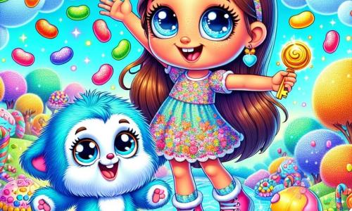 An 11-year-old girl, Lila, with long brown hair and sparkling curious eyes, stands in the center of the image, smiling and amazed, holding a shiny golden key in her hand. She wears a colorful dress adorned with floral patterns and comfortable sneakers, surrounded by multicolored jellybeans falling from the sky. Next to her, Boggle, a small funny creature with big round eyes and floppy ears, is joyfully dancing with his arms in the air and a big smile on his face. He has bright blue fur and wears a small candy-shaped hat. The setting is Gigglewood, a magical landscape with brightly colored trees, chocolate rivers, and candy-shaped clouds floating in a bright blue sky. Marshmallow flowers and candy cane rooftops add to the magic of the place. The main scene shows Lila and Boggle celebrating under a rain of jellybeans, laughing and having fun, while the clouds above them laugh and form funny faces, creating a joyful and playful atmosphere.