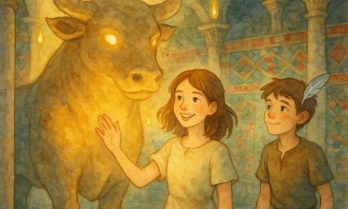 A young woman of about 17 with mid-length honey-brown hair, a soft determined face and sparkling green eyes places an open hand on the flank of a large stone bull statue and smiles with serene emotion; a 16-year-old boy with short chestnut hair, dirt on his knees and a silver feather tucked behind his ear stands slightly behind her to the right, watching her with admiration. They are in an underground labyrinth chamber with ancient stone walls, colorful mosaics, polished marble floors, slender columns, hanging golden vines and small puddles reflecting warm light. The bull’s eyes slowly light up with a golden aura and droplets fall from the vines while the silver feather glows softly, illuminating their faces—a magical awakening and a moment of faithful friendship.
