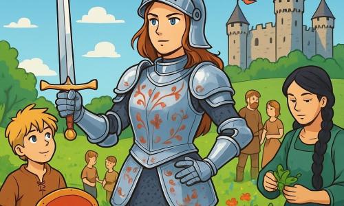 A knightess, Lady Elin, stands proudly at the center of the image, clad in shining armor adorned with floral patterns. Her face shows determination and wisdom, with deep blue eyes and chestnut hair flowing beneath her helmet. She wields a sparkling sword, ready to defend peace. Beside her, her squire, Tomas, a 12-year-old boy with tousled blonde hair, watches in admiration, holding a shield decorated with symbols of bravery. Further away, Maela, a healer around 30 with long braided black hair, prepares medicinal herbs, her focus on the task. The setting is a green field dotted with colorful wildflowers, under a clear blue sky with a few fluffy white clouds. In the background, Lornhold Castle stands majestically, its gray stone towers shimmering in the sun. The main scene shows Lady Elin and her companions discussing with villagers, joining forces to establish a peace pact, while a gentle breeze makes the colorful flags atop the castle walls dance.