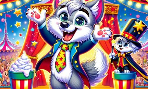 Een jonge wolf met grijze vacht en sprankelende ogen, genaamd Wolfje, staat in het midden van het podium met een grote blije glimlach op zijn gezicht. Hij draagt een kleine rode clownshoed en een kleurrijke stropdas, terwijl hij zich voorbereidt om in een grote emmer slagroom te springen, zijn poten enthousiast omhoog. Naast hem kijkt Max, een jonge goochelaar met een sterrencape en een puntige hoed, vol bewondering met glinsterende ogen van opwinding. Hij houdt een toverstok vast, klaar om confetti tevoorschijn te toveren. De achtergrond is een flamboyante circussetting met rood-witte gestreepte tenten, fonkelende lichten en kleurrijke ballonnen die in de lucht zweven. Toeschouwers lachen en applaudisseren rondom het podium, wat een feestelijke en vrolijke sfeer creëert. Wolfje staat op het punt zijn komische act uit te voeren, klaar om in de slagroom te duiken, terwijl het publiek vol verwachting wacht en zich vermaakt met de hilarische situatie.