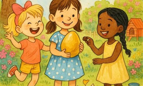 Três meninas: Lila, 8 anos, cabelo castanho em rabo de cavalo, vestido de poás azul-claro, ao centro segurando um grande ovo dourado; Mel, 7 anos, cabelo loiro com uma mecha e laço rosa, short amarelo, à esquerda pulando de alegria olhando o ovo; Joana, 7 anos, cabelo preto em trança, vestido amarelo-pálido, à direita estendendo a mão para pegar um pedaço de chocolate; cenário: jardim primaveril com relva verde, arbustos floridos rosa e violeta, um velho carvalho à esquerda com um laço azul, um galinheiro e um balde colorido ao fundo, céu azul claro com nuvens; situação: as três próximas e sorridentes partilham um ovo dourado partido, papéis coloridos no chão, uma pequena borboleta de asas pastel sobrevoando, atmosfera alegre e luminosa, desenho a tinta e aguarela com cores vivas e texturas suaves.