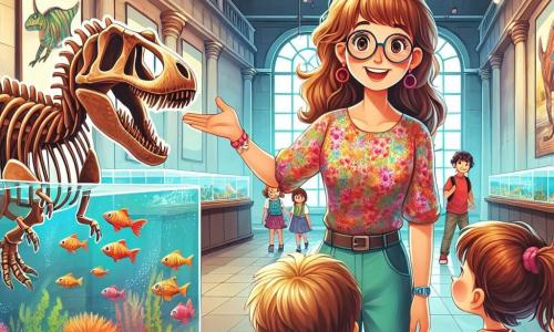 Een juf, mevrouw Lotte, is een glimlachende vrouw met lang kastanjebruin haar en ronde bril. Ze draagt een kleurrijke blouse en een spijkerbroek, en ze laat een groot dinosaurus-skelet zien aan de kinderen, die met opgewonden ogen kijken. Sam, een 8-jarig jongetje met rommelig blond haar en een rode t-shirt, steekt enthousiast zijn hand op, terwijl Noor, een 7-jarig meisje met bruine vlechten en een bloemenjurk, verwonderd naar de dinosaurus kijkt, met open mond van verbazing. De locatie is de hal van een natuurhistorisch museum, met muren versierd met kleurrijke posters over dinosaurussen en aquaria vol exotische vissen. Zachte verlichting verlicht de ruimte, wat een magische en uitnodigende sfeer creëert. De belangrijkste situatie toont mevrouw Lotte die de kinderen de betekenis van dinosaurussen uitlegt, terwijl ze gefascineerd naar het enorme skelet kijken, geboeid door het leren en het avontuur dat hen te wachten staat.
