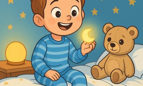 A happy, astonished 6-year-old boy with light brown short hair in blue-and-white striped pajamas sits on the edge of a small cozy pale-blue bedroom bed, holding a small glowing moon button in his palm and about to press it with a mischievous, curious look; his pajamas ripple gently as if animated. To his right on the bed sits Captain Snuffles, a beige teddy bear with one eye larger and a floppy ear, watching with a conspiratorial expression. The room has golden star stickers, a white duvet with yellow dots and a round yellow nightlight casting warm light, creating a calm, whimsical, comforting scene.