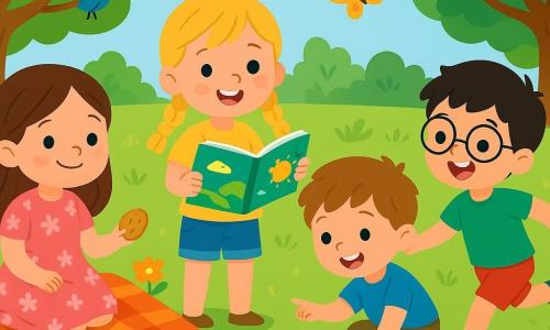 Er zijn 4 kinderen: Emma: een 3-jarig meisje met lange bruine haren, gekleed in een roze bloemenjurk. Ze zit op een geruit dekentje, glimlachend, met een koekje in de hand. Sophie: een 3-jarig meisje met een vlecht van blond haar, in een gele t-shirt en denim shorts. Ze staat naast Emma en toont een prentenboek. Lucas: een 3-jarige jongen met rommelig kastanjebruin haar, gekleed in een blauwe t-shirt en korte broek. Hij zit bij de rand van de rivier en telt de kikkers. Finn: een 3-jarige jongen met zwart haar en ronde brillen, in een groene t-shirt en rode shorts. Hij staat lachend en rent achter een klein winderig hoekje van het dekentje aan. De locatie is een zonnig park vol kleurrijke bloemen, grote bomen met levendige groene bladeren en een glinsterende rivier die door het landschap slingert. Vogels zingen in de takken en vlinders dansen rond de kinderen. De hoofdsituatie toont de kinderen die genieten van een vrolijk picknick, lachend en spelend samen, omringd door de schoonheid van de natuur, met kikkers die in de rivier springen en een lichte bries die de bladeren laat bewegen.
