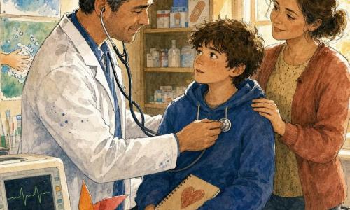 A kind, focused male doctor with short black hair streaked with gray and a slightly ink-stained white coat places a stethoscope on 12-year-old Leo’s chest while smiling and explaining calmly; Leo, a tousled brown-haired boy in a blue hoodie, sits on the exam table looking curious and a bit worried, holding a small notebook with a heart drawing, and his aunt, Mrs. Campos, a 35–40-year-old woman with olive skin and tied-back hair in casual clothes, stands behind him with a reassuring hand on his shoulder, relieved and attentive. The small clinic is warm in late-afternoon light with colorful health posters and a shelf of dressings; the ECG shows a wavy line. Mood calm, educational and comforting; style colored ink with soft lines and watercolor textures, warm reassuring palette.