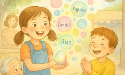 Clara, niña de 8 años, alegre y emocionada, con dos coletas, peto vaquero azul claro y mejillas sonrosadas, sostiene un pequeño huevo pintado que brilla y desprende burbujas coloridas con palabras (amistad, ayuda, risa); Bruno, niño de ~8 años con pecas y sudadera amarilla, ríe junto a ella en el escenario; el abuelo Tomás, hombre de ~70 años, pelo blanco y bigote fino, chaqueta marrón, aplaude abajo junto a una mesa con pegatinas; la madre de Clara, mujer de ~35 años con vestido de flores, está detrás del puesto sonriendo. Plaza del pueblo animada: escenario de madera clara, guirnaldas de papel pastel, banderolas rosa y azul, bancos de piedra, árboles verdes y un gran reloj colgado, luz suave de mañana de primavera. Escena principal: Clara en el centro muestra el huevo mágico que emite burbujas multicolores con palabras mientras los niños aplauden; ambiente cálido y festivo. Estilo: acuarela suave, colores pastel luminosos, textura de papel visible, trazos finos y contornos ligeros, composición centrada en Clara y el huevo.