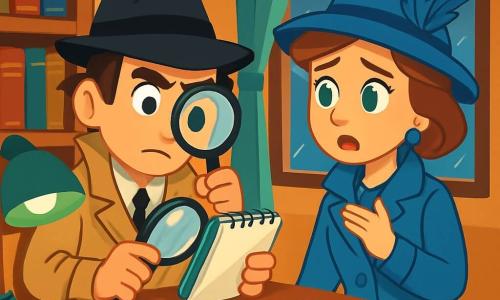 Un hombre detective, León Solís, está sentado en su antiguo escritorio de madera, con una expresión concentrada y decidida en su rostro. Lleva un trench coat beige y un sombrero fedora negro, con el cabello castaño ligeramente despeinado. Sostiene una lupa en una mano y un cuaderno en la otra, rodeado de papeles esparcidos. A su lado, una mujer elegante, Clara Ríos, de unos 35 años, está de pie, visiblemente ansiosa. Lleva un abrigo azul brillante y un sombrero adornado con plumas, sus ojos verdes brillan de preocupación mientras le explica la situación. La escena transcurre en una pequeña oficina de detective, con paredes cubiertas de libros antiguos, una lámpara de escritorio que ilumina débilmente la habitación, y una ventana donde se puede ver la lluvia caer afuera. León escucha atentamente a Clara, quien le cuenta sobre el robo de su valioso collar de esmeraldas, mientras una atmósfera de misterio y tensión flota en el aire.
