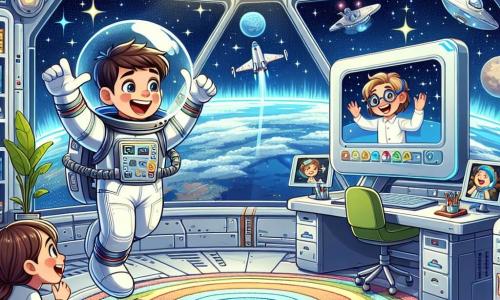 Um astronauta chamado Pedro, com um grande sorriso e olhos brilhantes, flutua em uma estação espacial. Ele veste um traje espacial branco com detalhes coloridos e segura uma pequena tela de videoconferência. Na tela, vê-se Ana, uma menina de cerca de 8 anos, com longos cabelos castanhos e óculos, que olha para Pedro com admiração. Ela está sentada em uma mesa cheia de livros sobre o espaço. Ao lado dela, Lucas, um menino de 7 anos com cabelos loiros bagunçados, levanta os braços em sinal de empolgação, sentado em um tapete colorido. A cena acontece dentro de uma estação espacial futurista, com paredes prateadas, janelas que oferecem uma vista espetacular da Terra azul e estrelas brilhantes. Equipamentos científicos e plantas em vasos flutuam ao redor deles. A situação principal mostra Pedro explicando às crianças como ele flutua no espaço, enquanto Ana e Lucas escutam atentamente, com os rostos iluminados pela curiosidade e admiração.