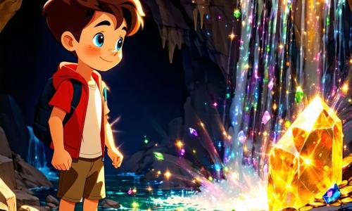 A young boy named Felix, around 10 years old with messy brown hair and sparkling blue eyes, stands at the edge of an underground waterfall. He gazes in wonder at a shimmering treasure of gold coins and colorful jewels, his face illuminated by the magical light emanating from a crystal at the center of the scene. Beside him, his friend Leo, also a 10-year-old boy with round glasses and brown hair, carefully studies the ancient map they found, his expression focused and determined. The setting is a vast, mysterious cave with gleaming stone walls adorned with bright crystals and stalactites, while a soft golden light reflects off the clear water of the pool. The waterfall cascades forcefully, creating a magical and adventurous atmosphere. The main situation shows Felix and Leo, amazed, discovering the hidden treasure while being aware of the danger lurking, ready to defend their find against a mysterious rival.