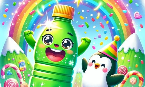 Een hoofdpersonage, een groene plastic fles met een grote glimlach en sprankelende ogen, danst vrolijk onder een regen van kleurrijke confetti, met zijn armen in de lucht, vol energie en geluk. Naast hem springt een kleine pinguïn met zachte, witte veren en een feesthoed op zijn hoofd van blijdschap, zijn gezicht straalt van opwinding. Een heldere regenboog strekt zich boven hen uit en verlicht de scène met felle kleuren. De achtergrond is een berg snoep, met zuurstokkenbomen en zingende bloemen die om hen heen bloeien, wat een magische en speelse sfeer creëert. De hoofdscène toont de fles en de pinguïn die samen vieren, omringd door hun zoete vrienden, in een vrolijke dans, terwijl een fonkelende ster uit de lucht valt en het landschap in een feeëriek spektakel verandert.