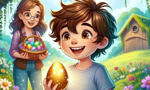 Un niño de 12 años, Lucas, con cabello castaño desordenado y ojos llenos de curiosidad, está en el centro de la imagen, sosteniendo un huevo dorado brillante en sus manos, con una expresión de emoción y alegría. A su lado, su madre, una mujer de unos 35 años, con cabello castaño y gafas redondas, sonríe orgullosa mientras sostiene una canasta llena de chocolates de colores, observando a su hijo. El escenario es un claro verde en el bosque, rodeado de majestuosos árboles de hojas brillantes y flores silvestres multicolores en el suelo, creando una atmósfera mágica de primavera. Al fondo, una vieja cabaña de madera cubierta de hiedra añade un toque misterioso a la escena. Lucas, maravillado, acaba de descubrir un huevo dorado brillante escondido entre las flores, listo para abrirlo y revelar el tesoro que contiene, mientras su madre lo anima con una cálida sonrisa, creando una atmósfera de alegría y aventura.
