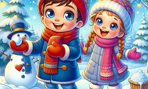 Un ragazzino di 5 anni, di nome Marco, con grandi occhi brillanti e capelli castani, indossa un spesso cappotto blu, guanti rossi e un berretto giallo. Sorride con meraviglia, tenendo una palla di neve tra le mani, pronto a lanciarla. Accanto a lui, la sua migliore amica Sofia, una bambina di 6 anni con capelli biondi intrecciati, indossa una sciarpa rosa e stivali viola. Ride gioiosamente, alzando le braccia in aria, pronta a prendere la neve che cade. Sullo sfondo, un incantevole paesaggio invernale: alberi coperti di neve scintillante, un cielo azzurro chiaro punteggiato di nuvole bianche e un grande cumulo di neve dove si trova un magnifico pupazzo di neve con un sorriso amichevole e una carota come naso. La scena emana un'atmosfera di gioia e magia, catturando lo spirito giocoso dell'inverno mentre i bambini si divertono insieme nella neve.