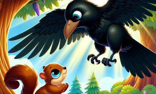 Un cuervo de plumas negras brillantes y ojos chispeantes de curiosidad, posado en una rama de árbol, observa con determinación a una pequeña ardilla de pelaje marrón y grandes ojos tristes, sentada en el suelo con las patas temblorosas. La escena se desarrolla en un claro soleado, rodeado de majestuosos árboles de hojas verdes brillantes, con flores coloridas que bailan al viento. El cuervo, con una expresión de valentía en su rostro, extiende un ala hacia la ardilla, listo para ayudarla a encontrar su preciada nuez perdida. La ardilla, llena de esperanza, levanta la mirada hacia su amigo alado, mientras un suave rayo de sol ilumina su amistad naciente.