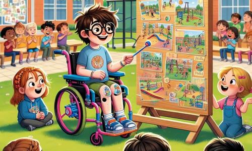 Ein 8-jähriger Junge, Max, lächelt und ist voller Leben, sitzt in seinem bunten Rollstuhl, hat unordentliche braune Haare und eine runde Brille. Er schaut begeistert auf ein großes Präsentationsschild ihres Spielprojekts, seine Augen leuchten vor Stolz. Neben ihm ermutigt Mia, ein 8-jähriges Mädchen mit geflochtenen blonden Haaren und einem rosa T-Shirt, ihn, indem sie die Arme hebt, während Tom, ein 8-jähriger Junge mit schwarzen Haaren und einem blauen Hoodie, auf einen Teil ihres Plans zeigt, beide stehen neben ihm. Der Ort ist ein sonniger Schulhof, umgeben von bunten Wänden, mit grünen Bäumen und Kinderzeichnungen an den Wänden. In der Mitte zeigt ein großes Holzschild ihr inklusives Spielprojekt mit Illustrationen von angepassten Schaukeln und Rampen. Die Hauptsituation zeigt Max und seine Freunde, die ihr inklusives Spielprojekt ihren Mitschülern und Lehrern präsentieren, die sich um sie versammelt haben, aufmerksam zuhören und applaudieren, was eine Atmosphäre der Freude und Kameradschaft schafft.