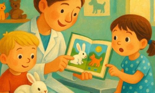 Een vriendelijke vrouwelijke dierenarts met lichtbruin opgestoken haar en een witte blouse knielt en toont een kleurrijk prentenboek aan twee kinderen: links een ongeveer 6‑jarig blond jongetje zit met een klein wit konijntje met hazelnoten ogen en een lichtroze verbonden poot op een zachte handdoek; rechts een ongeveer 5‑jarig bruinharig meisje in een lichtblauw stippenjurkje wijst verwonderd naar een bladzijde. De lichte kliniek heeft pastelgroene muren, houten planken met potjes en knuffels, een glimmende onderzoekstafel, eenvoudige dierenposters en een groot raam dat warm licht binnenlaat. Sfeervol, geruststellend tafereel in felle kleuren, eenvoudige vormen en zichtbare acrylverftextuur.