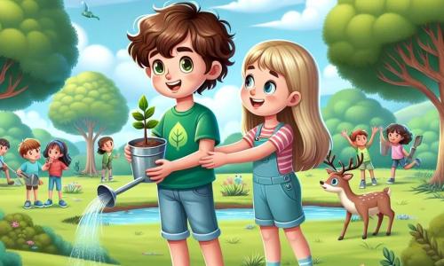 Um garoto de 12 anos, Lucas, com cabelos castanhos e cacheados, e um grande sorriso de entusiasmo, está plantando uma muda em um parque verdejante. Ele usa uma camiseta verde com um desenho de folha e um short de jeans, mostrando seu compromisso com a ecologia. Ao lado dele, sua melhor amiga Giovana, uma menina de 11 anos com cabelos longos e loiros, o incentiva com um olhar admirativo, segurando um regador cheio de água para ajudar a regar as plantas. Ao fundo, há um grupo de crianças de diferentes idades, todas envolvidas em atividades de limpeza e plantio, criando uma atmosfera de camaradagem e alegria. O parque está repleto de flores coloridas, árvores majestosas e um pequeno lago cintilante, onde patos saltitam alegremente. A cena transmite uma sensação de cooperação e esperança, ilustrando a importância de preservar a natureza.