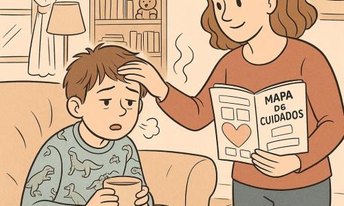 Menino de 10 anos visivelmente cansado e preocupado sentado no sofá, boca entreaberta com uma bolha indicando chiado ao respirar, cabelo castanho bagunçado, pijama de dinossauros, coberta sobre os joelhos e segurando uma caneca de chá com as duas mãos; mãe (~35 anos) sorridente com uma mão na testa do garoto e outra mostrando um caderno aberto com um desenho de 