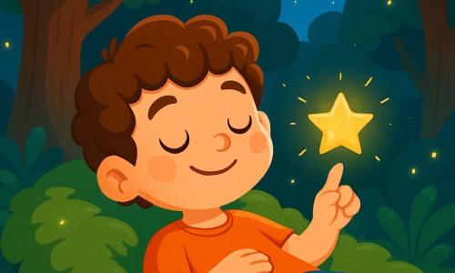 Um menino de 6 anos, chamado Lucas, com cabelos castanhos e cacheados, e olhos brilhantes de curiosidade, está deitado em uma cama de musgo verde e macio. Ele tem um sorriso sereno no rosto, com as bochechas levemente rosadas, e fecha os olhos, respirando profundamente. Ao lado dele, uma pequena estrela brilhante flutua delicadamente acima de seu dedo, emitindo uma suave luz dourada. O local é uma floresta encantada, banhada pela luz suave da lua. Árvores majestosas com troncos grossos e folhas luminosas dançam suavemente ao vento, enquanto vagalumes iluminam o ar com um brilho mágico. A cena principal mostra Lucas adormecendo pacificamente, cercado pela beleza da natureza, enquanto a estrela o vigia, criando uma atmosfera de calma e serenidade.