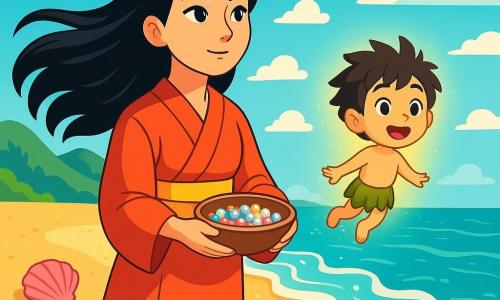 Aiko, trzydziestoletnia Japonka, stoi na złotej plaży, jej długie czarne włosy delikatnie powiewają na wietrze. Ma zdecydowane i spokojne spojrzenie, a jej oczy błyszczą od odwagi, trzymając małą miseczkę wypełnioną lśniącymi perłami, gotowymi do ofiarowania morzu. Obok niej unosi się mały duch natury o imieniu Ishi, chłopiec z rozczochranymi włosami i promienną skórą, radosny i ciekawski, obserwujący morze z zachwytem. Otacza go lekka złota poświata, dodająca magii scenie. Miejsce to spokojna plaża z łagodnymi falami rozbijającymi się o drobny piasek, kolorowe muszelki rozsiane tu i tam oraz jasnoniebieskie niebo z puszystymi białymi chmurami. W dali widać majestatyczne zielone góry, tworzące czarujący krajobraz. Główna scena pokazuje Aiko, gotową uwolnić perły w wodzie, symboliczny gest wdzięczności i szacunku wobec morza. Fale lśnią w słońcu, czekając na moment, w którym perły powrócą do swojego domu.