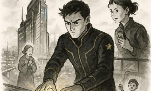 Kellan, the hero, stands determined and focused, brows furrowed and lips tight, wearing a navy jacket with glowing gold lines and a small star emblem on the shoulder, both hands on a glowing cylinder—the ChronoCore—emitting warm golden pulses; behind him a young woman Mira (about 25), energetic and concerned with short tied hair, holds a floating terminal on the edge of the skyscraper crown a few meters back and watches him; further down on a lower walkway Mrs. Dima (about 55) looks relieved and gentle, clutching a blanket and observing; a boy (about 8) near a visible shelter door holds a bracelet of foil and cord, raising his arm as if to salute; the setting is the crown of a very tall modern skyscraper called Spindle—metal beams, rotating glass-and-steel antennas, tilted solar panels, blue-and-gold neon lights flickering, light smoke and a city panorama below with illuminated bridges and glass facades; tense face-off as Kellan anchors the ChronoCore's light rhythm to save the city, pale energy filaments fraying around him while the city restarts below; dynamic composition with diagonal lines, strong contrasts of black ink and gray washes, and luminous gold/blue accents.