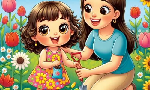 A 2-year-old girl with big bright eyes and curly brown hair is joyfully smiling in a flower garden. She is wearing a colorful dress with floral patterns and holding a small plastic shovel. Next to her, her mother, a woman in her thirties with long straight hair, dressed in a blue t-shirt and beige pants, encourages her with a warm smile while holding a packet of seeds. The garden is filled with vibrant flowers: red tulips, yellow sunflowers, and white daisies, under a light blue sky dotted with a few white clouds. The little girl is digging a small hole in the ground to plant a seed, while her mother shows her how to do it, creating a joyful and lively scene symbolizing spring and discovery.