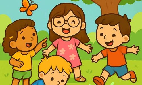 There are 4 children: Lucy, a 6-year-old girl with long brown hair and round glasses, wearing a pink floral dress and smiling joyfully at the center, ready to lead the adventure; Ben, a 5-year-old boy with messy blonde hair in a blue t-shirt, curiously leaning down to examine a small insect on the ground next to Lucy; Mia, a 6-year-old girl with curly hair and a yellow hairpin, wearing green shorts and sandals, to the left of Lucy, pointing at a pretty flying butterfly; and Leo, a 5-year-old boy with brown hair and a mischievous smile in a red t-shirt, to the right of Lucy, joyfully jumping over a small puddle. The scene takes place in a sunny garden filled with colorful flowers and greenery, with a large tree in the background and a soft green lawn where the children play. The main situation shows the children happily jumping around the puddle, splashing a bit of water, laughing and having fun together, ready for their next adventure.