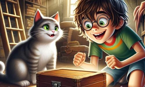 An 11-year-old boy named Oliver stands in the center of the image, with messy brown hair and glasses slightly slipping down his nose. His face is lit up by a big smile, revealing his excitement and curiosity. He wears a colorful t-shirt and shorts, holding a mysterious wooden box in front of him, his eyes sparkling with anticipation. Next to him is his cat, Whiskers, a small gray furball with bright green eyes, watching Oliver with an amused expression while sitting on the floor, ready to pounce on the jellybeans scattered around them. The scene takes place in his grandmother's dusty attic, filled with old furniture, cobwebs, and shelves laden with ancient books. Sunlight filters through a dirty window, casting mysterious shadows on the wooden floor. Oliver is trying to open the box, eager to discover the treasures inside, while colorful jellybeans are strewn around him, a testament to his previous hilarious challenges.