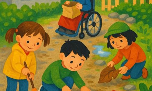 Four children: Mia, about 7, brown hair in pigtails, bright yellow jacket, sweeping left foreground with a small wooden broom; Leo, about 7, short black hair, blue sneakers, kneeling center with an orange trowel; Noor, about 6, black hair under a small green hat, standing right and carefully picking up a large brown leaf; Sam, about 7, in a wheelchair with a red blanket over his knees, slightly back center-right holding an open paper bag. They clean a small urban garden path before a low building—gray paved ground with soil spots, green shrub border, pale wooden fence, a few round stones and a shimmering puddle reflecting the spring sky. A little red ladybug with black spots walks on a leaf; soft morning light, short shadows, warm colors and visible acrylic paint texture with textured brushstrokes and glossy highlights on the ladybug.