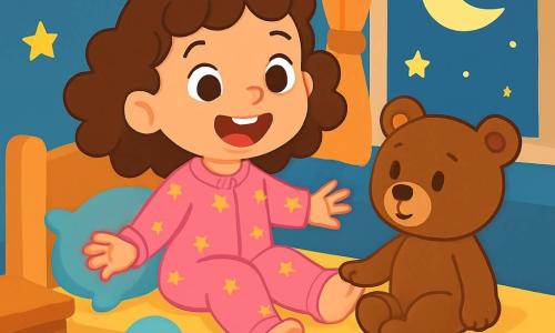 A 4-year-old girl, Mila, with lovely brown curls and sparkling eyes, is sitting on her bed. She is wearing a pink pajama with golden stars and has a big smile on her face, full of excitement. Beside her, a teddy bear named Teddy, with soft brown fur, is attentively listening, sitting on the edge of the bed. His little paw is resting on Mila's knee, as if ready to help her rhyme. The room is warm and inviting, with pastel blue walls and shining stars stuck to the ceiling. Colorful cushions shaped like clouds and hearts are scattered around her, creating a dreamy atmosphere. Mila is playing with her cushions, aligning them in a parade of joyful rhymes, jumping from one to another while singing funny words. The soft moonlight filters through the window, illuminating the scene with a magical glow.
