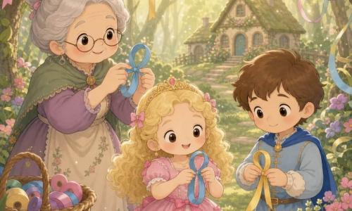 Princess Elara (girl) at center, joyful and focused, round face, curly blonde hair, pastel pink dress with small bows, holding a blue ribbon and forming a loop; Prince Milo (boy ~8) seated to her right, shy smile, short brown hair, light blue simple outfit, holding a yellow ribbon and imitating her; the Ribbon Weaver (elderly woman ~70) stands behind them left, gray hair in a bun, round glasses, agile hands demonstrating the gesture; a cottage nearby in the heart of an enchanted forest lit by golden rays, green moss, colorful flowers, ribbons hanging from branches; an outdoor ribbon workshop scene with a warm, intimate atmosphere, simple composition and rounded forms, small loops and colorful knots visible.