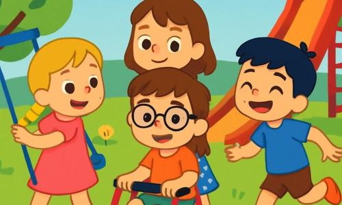 Hay 4 niños: Lucas, un niño de 6 años con cabello castaño y gafas, sonriente y sentado en su andador rojo, en el centro de la imagen; Sofía, una niña de 5 años con trenzas rubias y un vestido rosa, empujando el columpio a la izquierda de Lucas; Mateo, un niño de 6 años con cabello negro y una camiseta azul, corriendo alegremente hacia el tobogán a la derecha de Lucas; y Valentina, una niña de 5 años con cabello castaño y una falda de lunares, sonriente y mirando a Lucas, justo detrás de él. El lugar es un parque soleado lleno de vegetación, con árboles de hojas verdes brillantes, flores coloridas y un gran tobogán rojo al fondo. Se oyen risas de niños en el aire. La situación principal muestra a Lucas, sentado en su andador rojo, rodeado de sus amigos que juegan juntos, ilustrando la alegría de la amistad y el compartir, cada uno divirtiéndose a su manera.