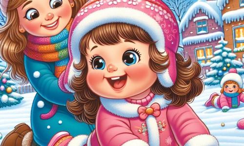 A 3-year-old girl with big bright eyes and curly brown hair is wearing a bright pink snowsuit, a fluffy wool hat, and matching mittens. She is laughing joyfully, lying in the snow, making a snow angel, her arms and legs playfully waving in the snow. Next to her, her mother, a woman in her 30s with long smooth hair, is wearing a blue coat and a colorful scarf. She is smiling tenderly at her daughter, standing ready to help with her arms crossed. The setting is a charming winter village, with snow-covered houses, trees adorned with sparkling snow, and a clear blue sky dotted with fluffy white clouds. The scene captures a joyful moment as the little girl discovers the fun of making snow angels, surrounded by winter beauty and her mother's love.
