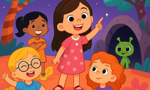 Es gibt vier Kinder: Mia, ein 6-jähriges Mädchen mit langen braunen Haaren und funkelnden Augen, trägt ein rosa Kleid mit weißen Punkten und lächelt fröhlich. Sie steht in der Mitte und zeigt zum Himmel. Emma, ebenfalls 6 Jahre alt, hat blonde Zöpfe und runde Brillen, trägt ein blaues T-Shirt und eine gelbe Shorts. Sie steht links von Mia und springt vor Aufregung. Lila, ein 6-jähriges Mädchen mit lockigen roten Haaren und Sommersprossen, trägt einen grünen Rock und ein lila T-Shirt. Sie steht rechts von Mia und schaut mit Staunen auf einen kleinen Alien. Sara, ein 6-jähriges Mädchen mit schwarzen Haaren im Pferdeschwanz und einem breiten Lächeln, trägt ein oranges Kleid. Sie steht hinter Mia mit verschränkten Armen und einem entschlossenen Ausdruck. Die Szene spielt auf einem bunten Planeten voller riesiger, leuchtender Blumen. Spiralbaumstämme und funkelnde Blätter ragen in einen lila Himmel mit leuchtenden Sternen. In der Ferne steht ein kleiner grüner Alien mit großen runden Augen und einem freundlichen Lächeln vor einer dunklen Höhle. Die Hauptsituation zeigt die vier Kinder, die neugierig und begeistert sind, während sie dem kleinen Alien Zipp helfen wollen, einen verlorenen glitzernden Stein zu finden. Die Kinder zeigen Freude und Aufregung, bereit für ein neues Abenteuer.