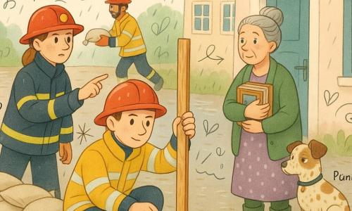 Der Feuerwehrmann Ben steht im Zentrum mit entschlossenem, jungen Gesicht, kurzen braunen Haaren, glänzendem roten Helm und gelber Rettungsjacke mit reflektierenden Streifen; er hält ein Holzmaß und zeigt den Wasserspiegel. Die ältere Frau Frau König wirkt besorgt, aber erleichtert, mit grauen Haaren im Dutt und Gummistiefeln, hält Fotoalben dicht an die Brust in der Tür ihres Hauses mit blauen Fensterrahmen; ihr kleiner Hund Pünktchen, beige-braun gefleckt, kuschelt sich zu ihr und blickt misstrauisch zum Wasser. Die Feuerwehrfrau Lea, verantwortungsbewusst und um die dreißig, trägt die Einsatzjacke eines Einsatzleiters, kontrolliert die Sandsackreihe und gibt Anweisungen; der Kollege Tarek, etwa dreißig und dunkelhäutig, hilft im Hintergrund beim Stapeln der Säcke. Ort: Ufer eines schlammigen Flusses mit nasser Wiese, Pastellhäusern, niedrigem Wolkenhimmel, reflektierenden Pfützen und leichterem Regen. Situation: gemeinschaftlicher Bau einer Sandsackbarriere gegen steigendes Wasser, koordinierte Bewegungen, Tropfen auf den Helmen, Schlamm und Teamarbeit sichtbar.