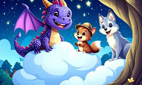 Într-o pădure fermecată sub un cer înstelat, un dragon cu solzi strălucitori violeți, cu ochi mari și curioși și un zâmbet jucăuș, stă pe un nor pufoș, râzând vesel. Lângă el, o veveriță mică cu blană brună și o coadă stufoasă, cu ochi strălucitori de entuziasm, sare pe nor, pregătită să spună o glumă. Un lup cu blană argintie, purtând o mică pălărie de paie, se află jos, admirându-i, așteptând să participe la aventură. Scena se desfășoară sub un copac mare cu frunze strălucitoare, iluminat de licurici dansatori, creând o atmosferă magică și călduroasă. Dragonul și veverița pregătesc o glumă pentru a face copacul fermecat să râdă, în timp ce lupul îi încurajează cu un zâmbet complice.
