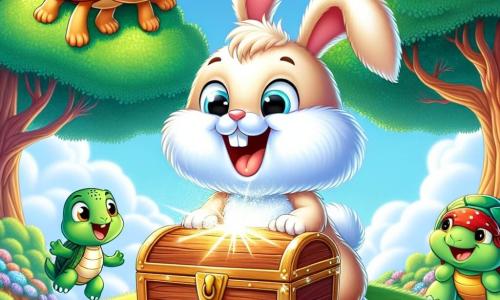 On top of a lush green hill, Benny, a young rabbit with big ears and fluffy fur, expresses bright joy as he discovers a sparkling wooden chest. His eyes shine with excitement and his smile is radiant as he stands on his hind legs, front paws reaching towards the chest. Beside him, Tilly, a wise turtle with a colorful shell and mischievous eyes, watches with a proud smile, standing slightly back to encourage her friend. Max, an agile squirrel with reddish fur, climbs on a branch just above, looking curiously, his small paws gripping the branch, ready to jump to the chest. The setting is a hilltop surrounded by majestic trees with green leaves, under a clear blue sky dotted with fluffy white clouds. The ground is covered with soft grass and colorful flowers dancing in the breeze. The main scene shows Benny opening the chest, revealing sparkling stones under the rays of the setting sun, while his friends gather around, sharing a moment of discovery and wonder, illustrating the spirit of adventure and friendship that unites them.