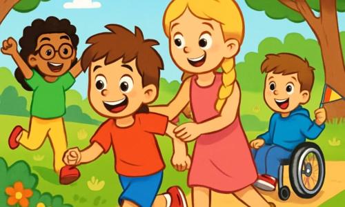 Ci sono 4 personaggi: - Luca: un ragazzo di 8 anni con capelli castani disordinati e occhi vivaci. Indossa una maglietta rossa e pantaloni corti blu. Sta correndo felicemente nel parco. - Emma: una ragazza di 10 anni, sorella di Luca, con lunghi capelli biondi intrecciati e un sorriso caloroso. Indossa un vestito rosa e sandali. È accanto a Luca, incoraggiandolo a correre più veloce. - Giulia: una ragazza di 8 anni con capelli neri ricci e occhiali. Indossa una maglietta verde e pantaloni gialli. È un po' indietro, ridendo e alzando le braccia per incoraggiare i suoi amici. - Marco: un ragazzo di 9 anni in sedia a rotelle, con capelli castani e un grande sorriso. Indossa un felpa blu e jeans. È leggermente in ritardo, tenendo una bandiera colorata, pronto a incoraggiarli nella loro corsa. La scena si svolge in un parco soleggiato, con alberi verdi e fiori colorati. C'è un sentiero di terra battuta dove i bambini giocano, circondati da risate e grida gioiose. Sullo sfondo si vedono un'altalena e uno scivolo, che aggiungono un tocco di allegria. La situazione principale mostra i bambini che corrono insieme nel parco, ridendo e divertendosi, simboleggiando la loro amicizia e il sostegno reciproco nonostante i cambiamenti nelle loro vite. I volti sono radiosi, e l'atmosfera è piena di gioia ed energia positiva.