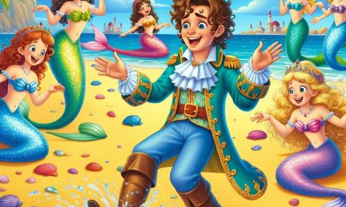 En un reino encantado, un príncipe llamado Martín, de unos 10 años, es representado con cabello rizado y una gran sonrisa, vistiendo una túnica colorida y pantalones mal ajustados. Está bailando torpemente en la playa, con los pies en la arena, riendo a carcajadas, mientras una chispa de alegría ilumina su rostro. A su lado, varias sirenas de escamas brillantes y cabello flotante en el agua, con apariencia alegre, cantan y bailan a su alrededor. Una de ellas, con una cola turquesa y ojos brillantes, le extiende la mano para ayudarlo a levantarse tras una caída cómica. El escenario es una playa soleada, con olas turquesas que acarician la orilla, conchas de colores esparcidas sobre la arena dorada y un cielo azul salpicado de nubes esponjosas. En el fondo, palmeras se mecen suavemente con la brisa marina, añadiendo un toque de magia a la atmósfera. La escena principal muestra a Martín cayendo en la arena, rodeado de sirenas que ríen y lo animan a levantarse, creando un momento lleno de alegría y camaradería.